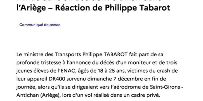 Décès d’un moniteur et de trois élèves de l’Enac dans un accident d’avion dans l’Ariège, le 07 décembre 2025.